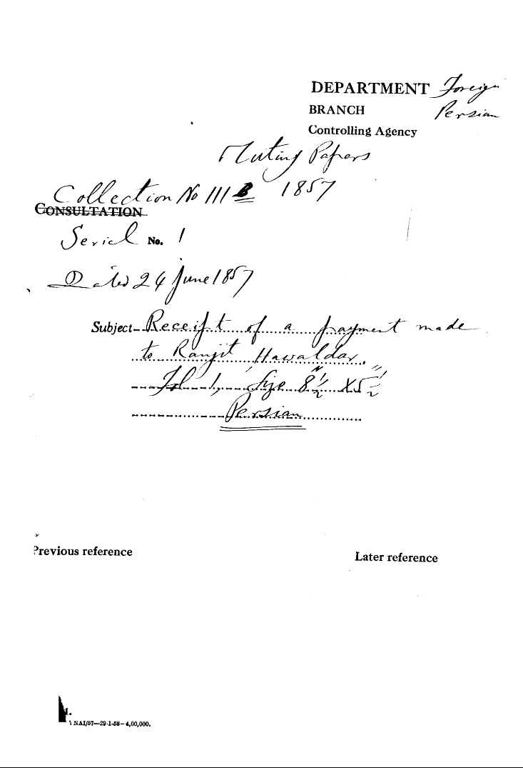 Receipt of a Payment Made to Ranjit, Hawaldar.