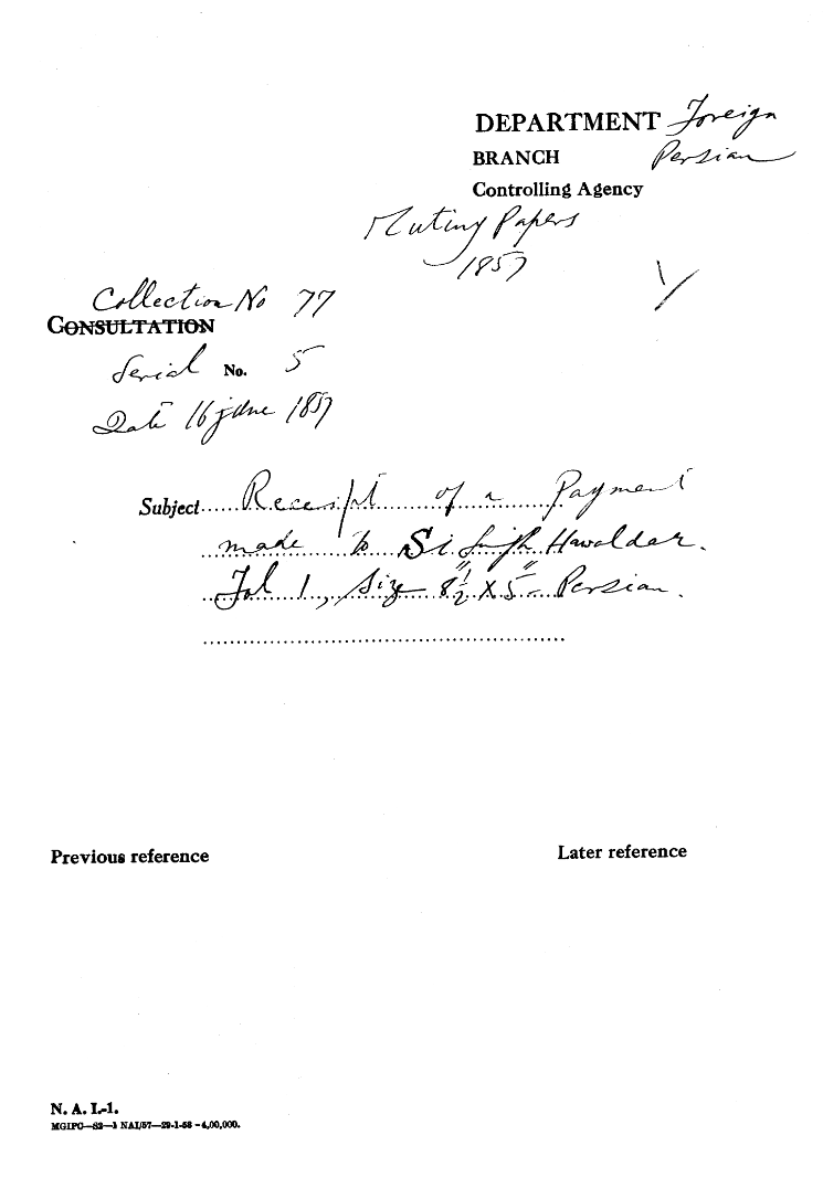 Receipt of a Payment Made to Si Singh Hawalder.(16,June 1857)
