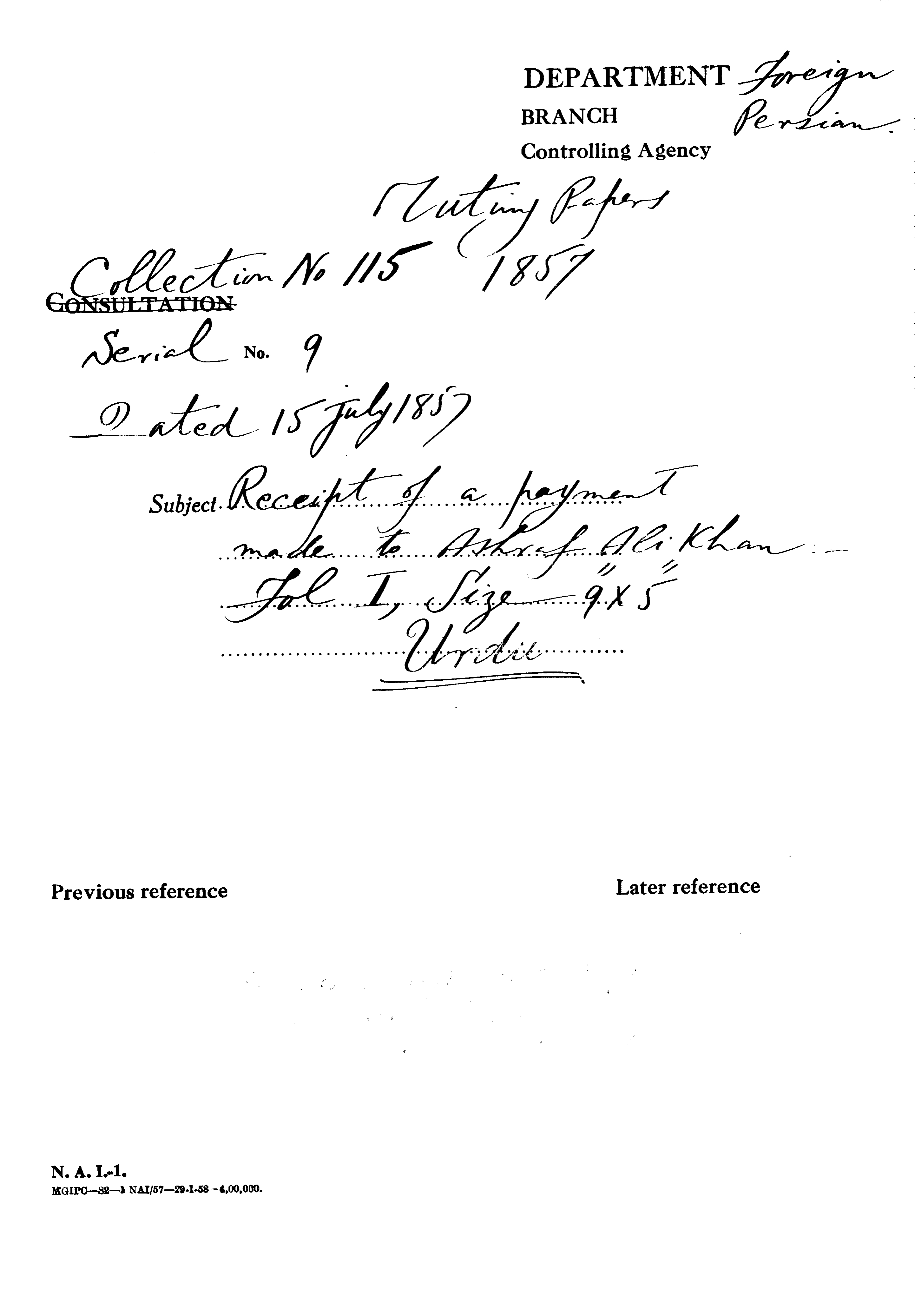 Receipt of a Payment Made to ashraf Ali Khan