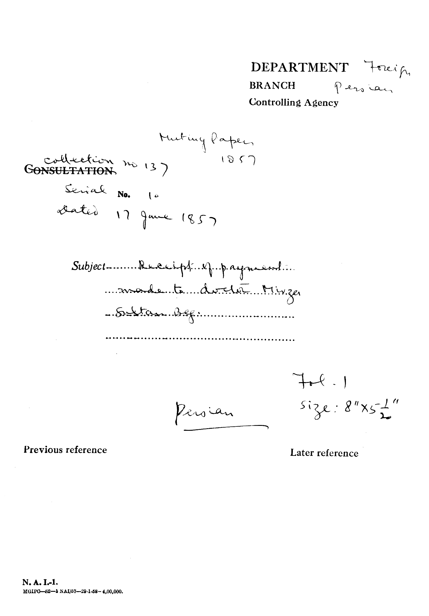 Receipt of Payment Made to Doctor Mirza Sultan Beg. Dated on June 17, 1857.