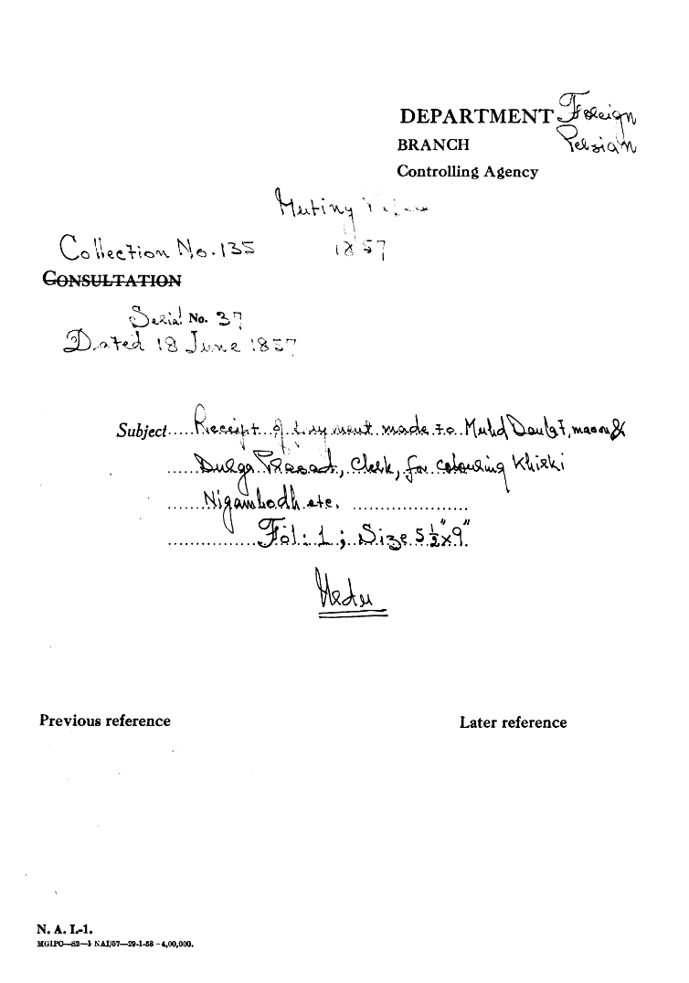 Receipt of Payment Made to Muhd Daulat Mason & Durga Prasad Clerk For Colouring Khirki Nigambodh Etc