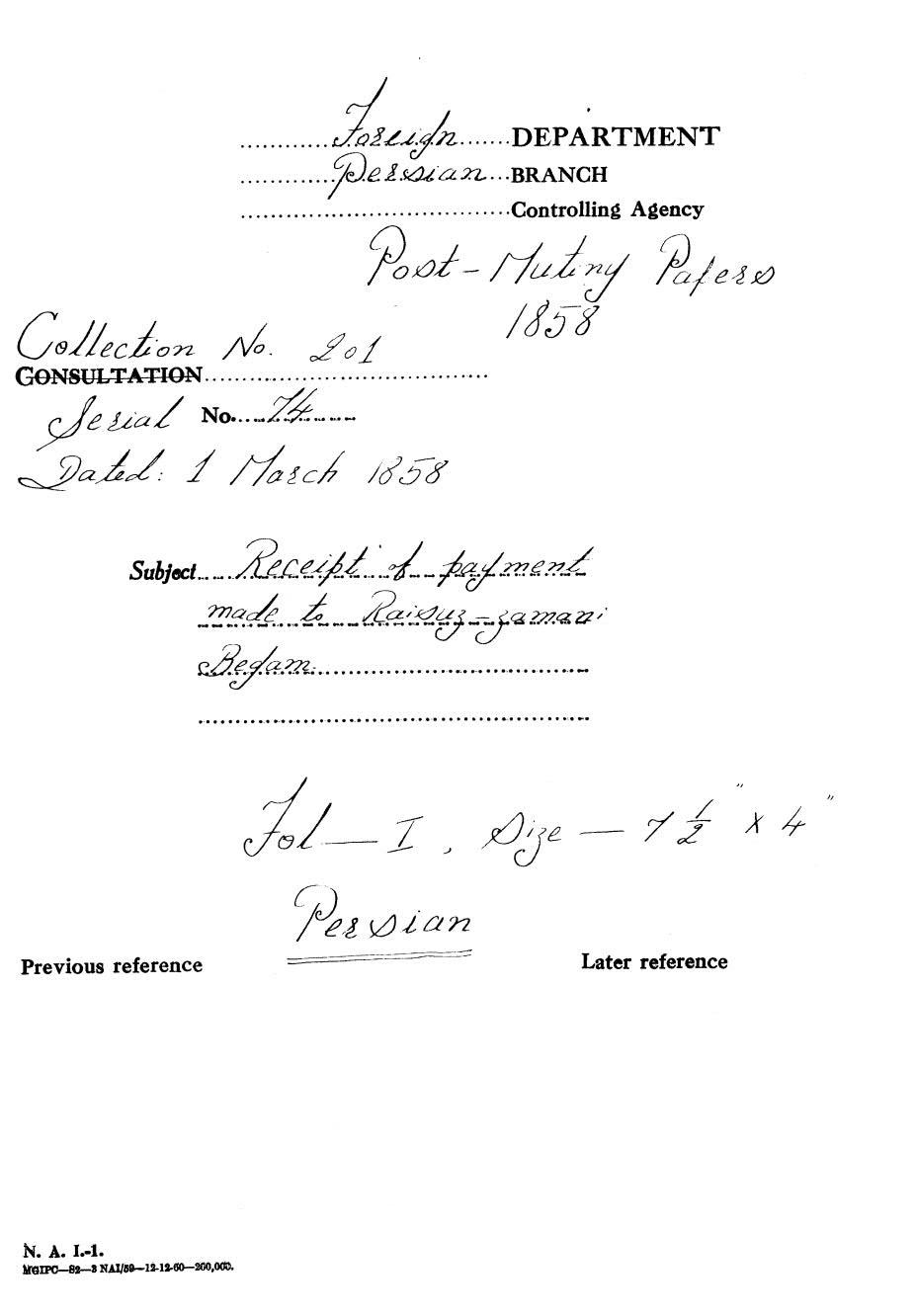 Receipt of payment made to Raisuz-Zamani Begum