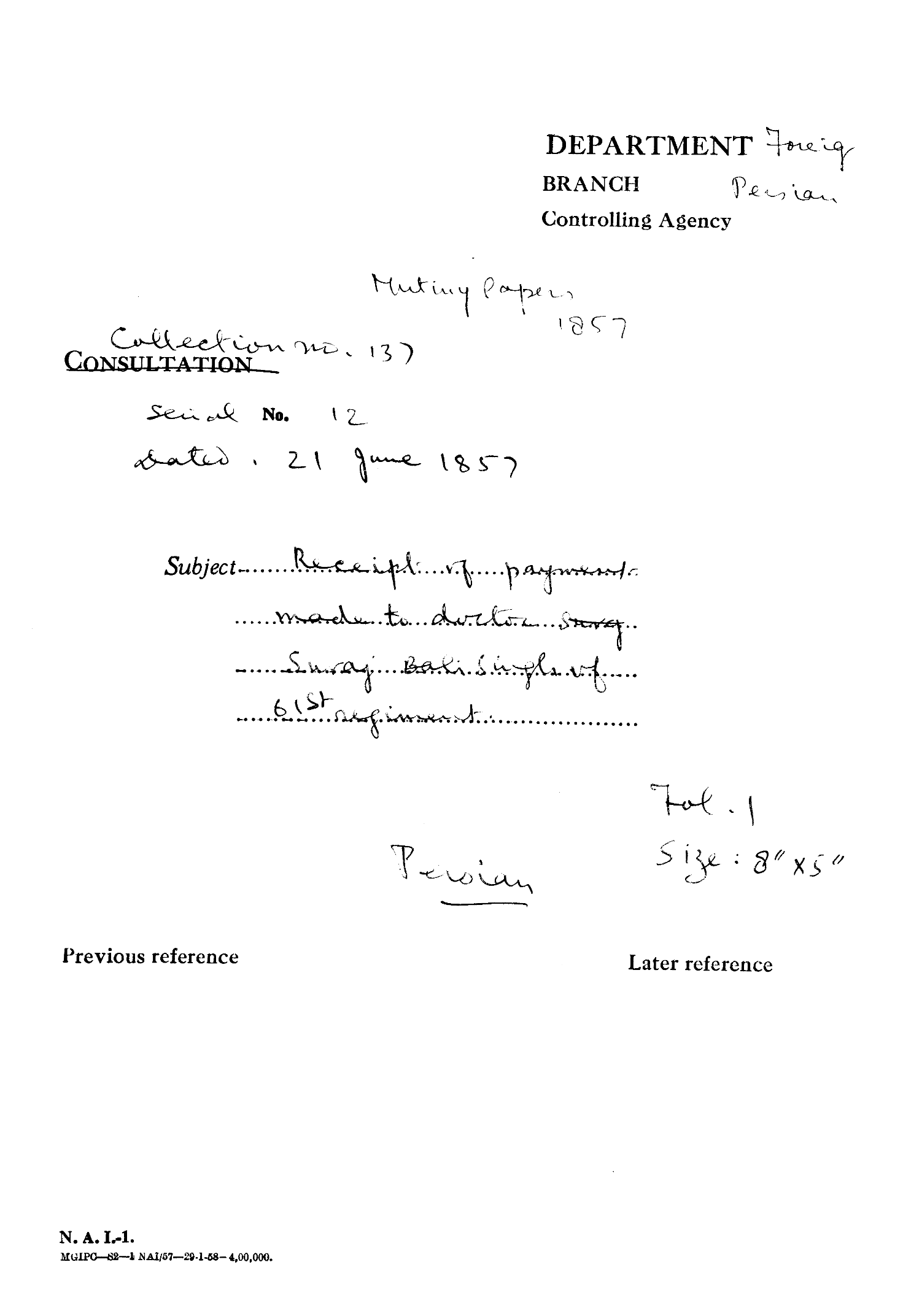 Receipt of Payment Made to Doctor Suraj Bali Singh of 61st Regiment. Dated on June 21, 1857.