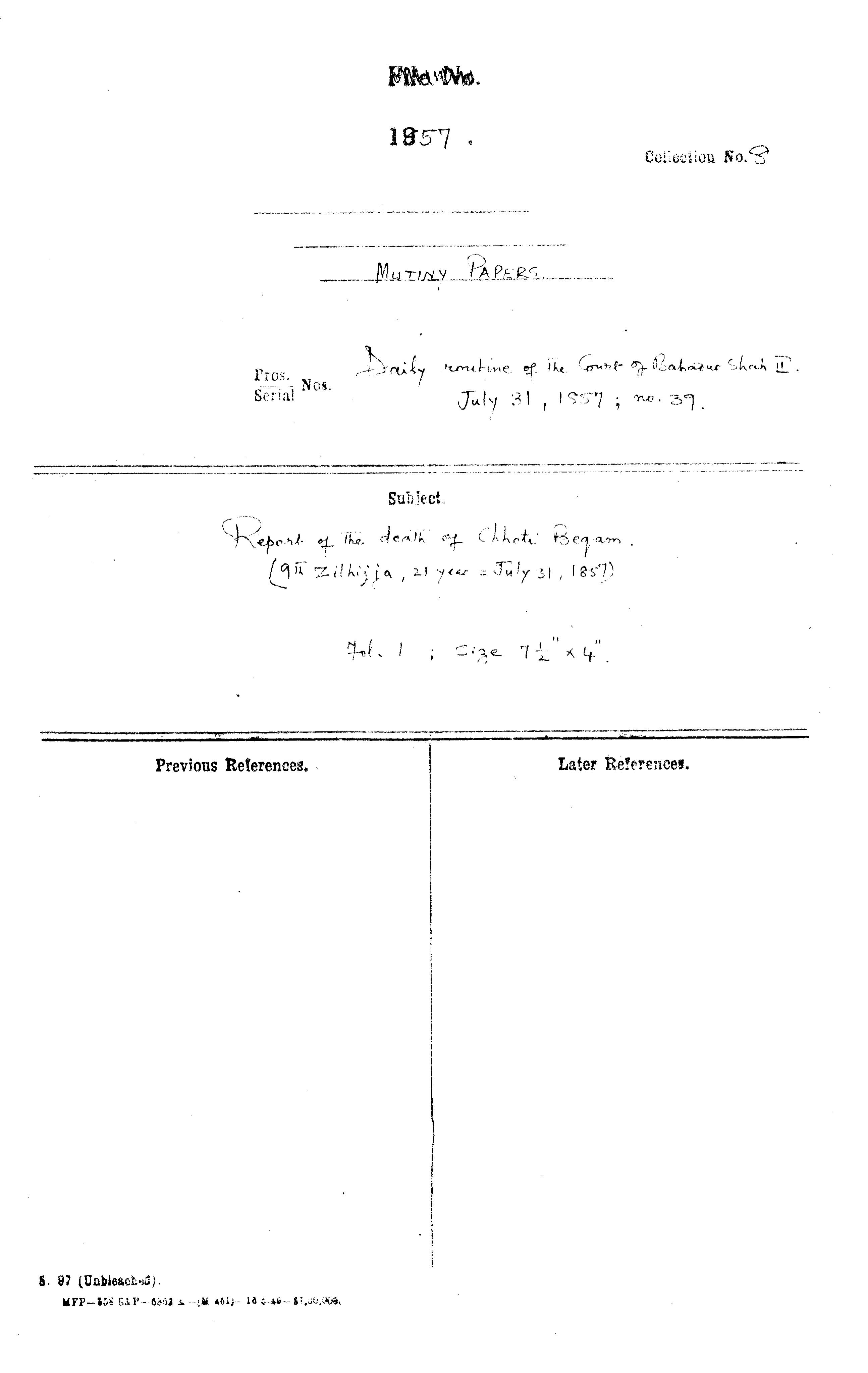 Report of the Death of Chhoti Begam ( 9th Zilhijja , 21 Year= July 31, 1857) ( Delhi ).
