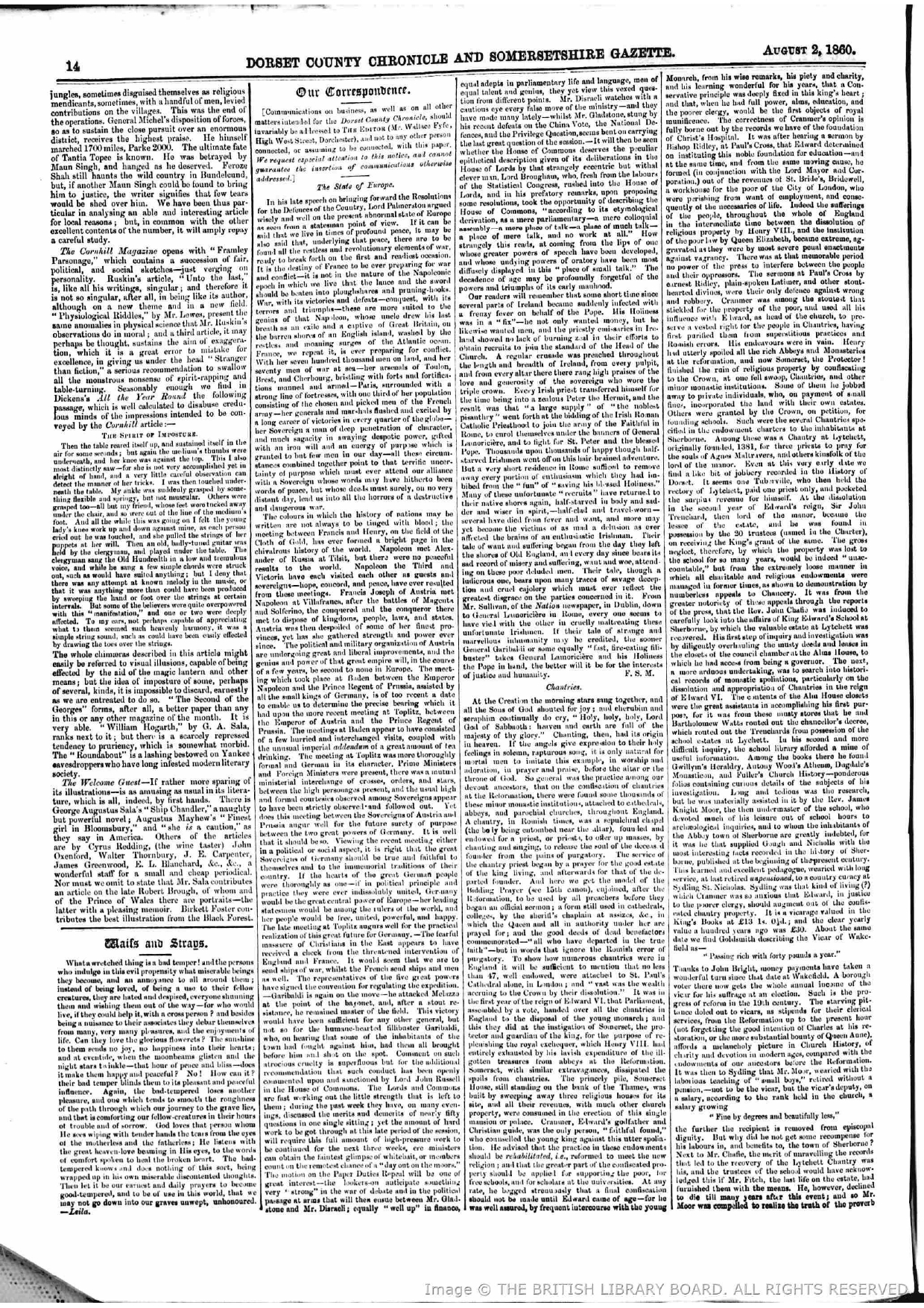 Reported by - Dorset County Chronicle and Somersetshire Gazette about Firuz Shah on - August 2,1860