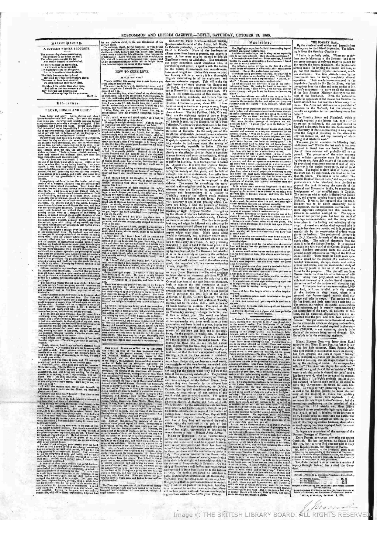 Reported by ,ROSCOMMON & Leitrim Gazette about Firuz Shah on  October 13,1860