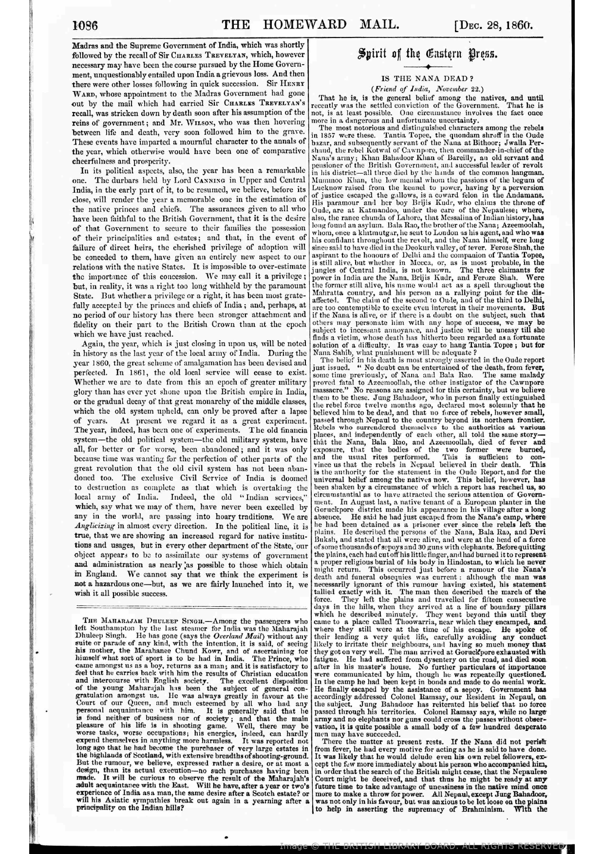 Reported by The Homeward Mail about Firuz Shah on December 28 1860