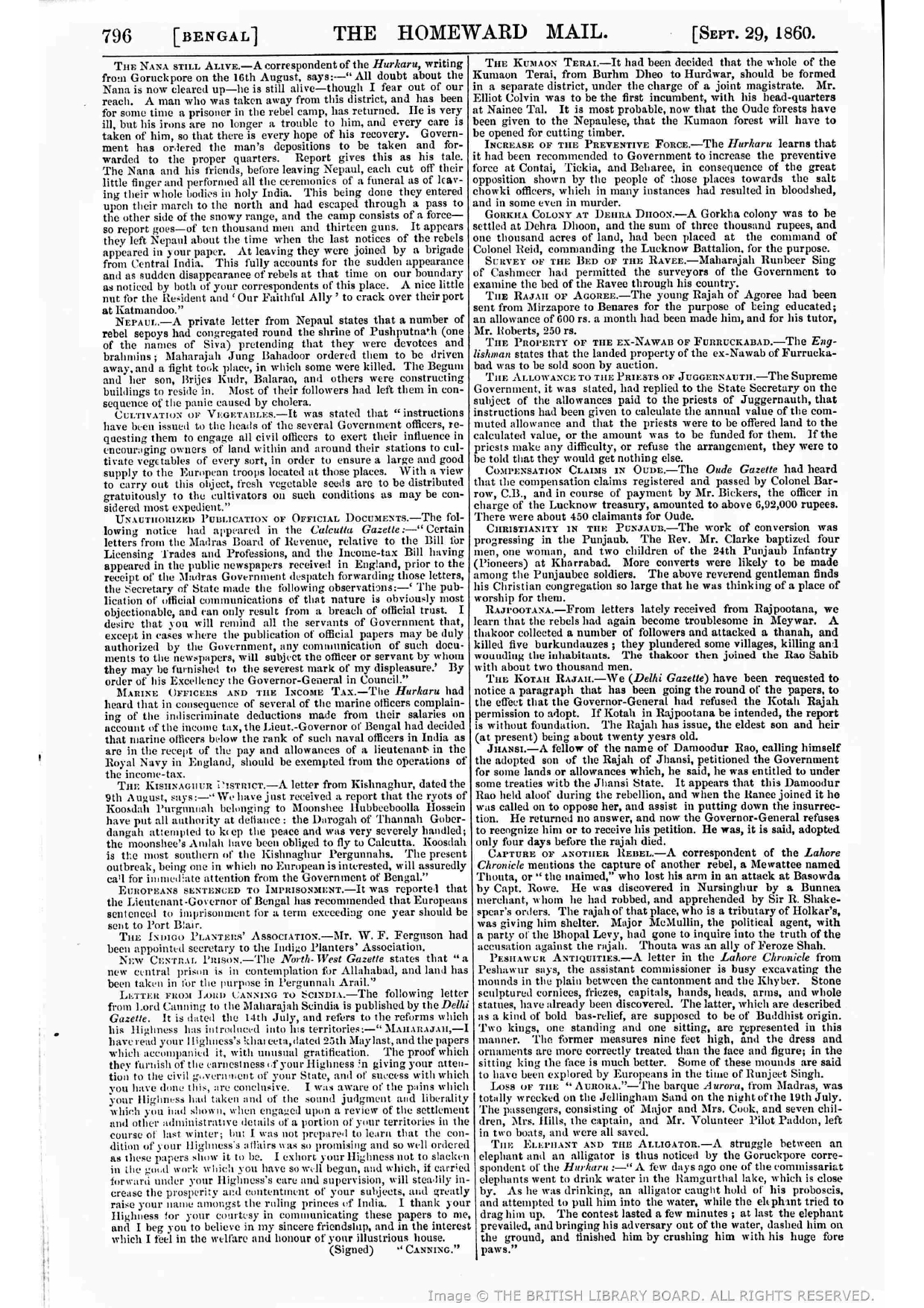 Reported by The Homeward Mail September 29, 1860