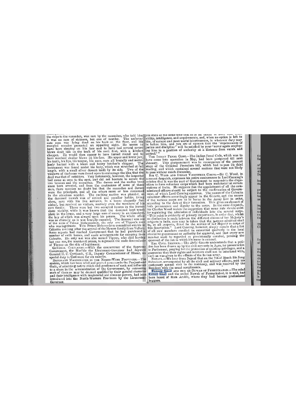Reporting  From Arabia Firuz Shah with Nawab Farrukkabad, Reported by THE HOMEWARD MAIL OF INDIA - 06 May 1861