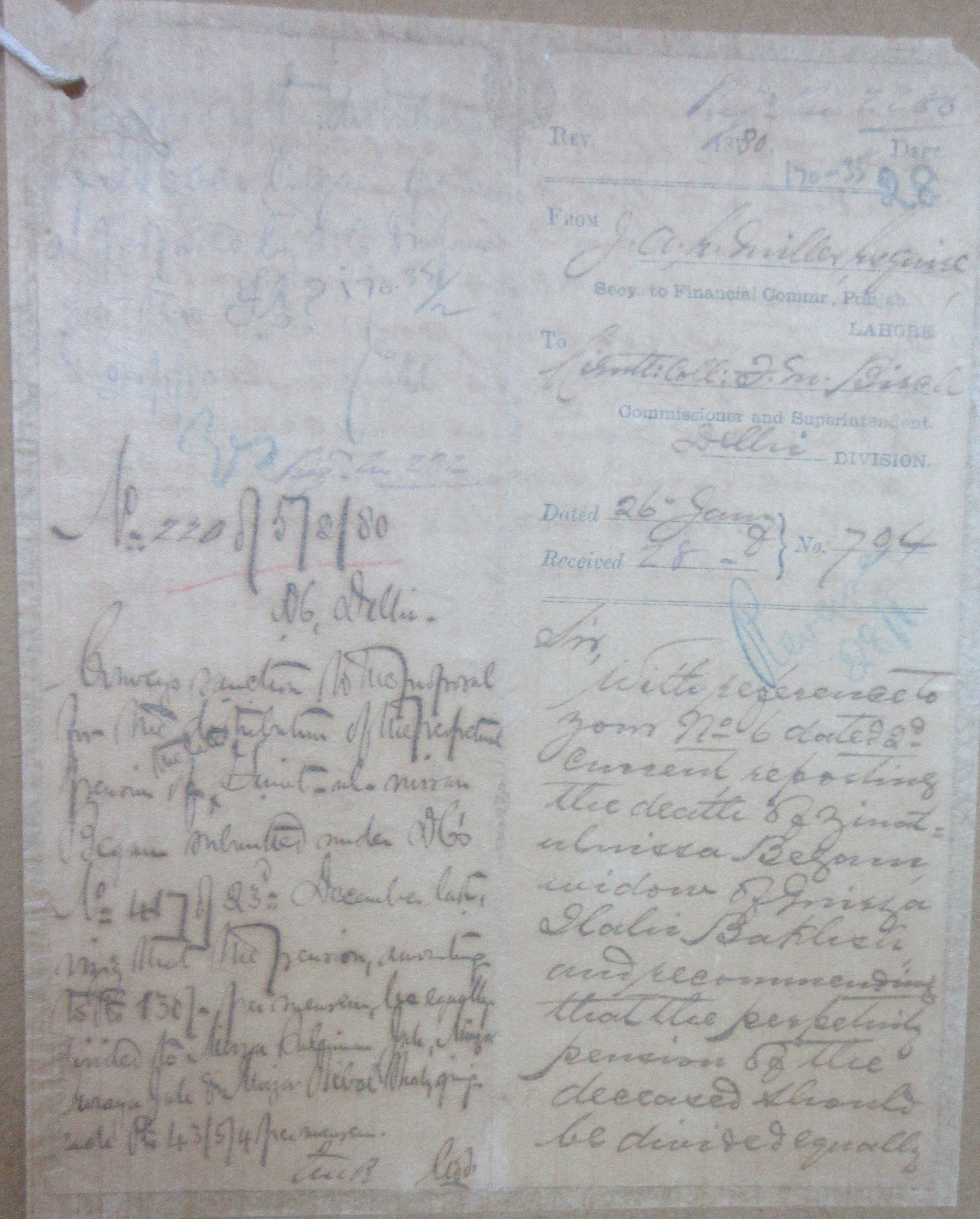 Reporting the Death of Zinat un-Nissa Begum Widow of Mirza Ilahi Bakhsh and Recommending that the Perpetuity Pension of the Deceased Allowance Will Be Divided Equally, File No. 44