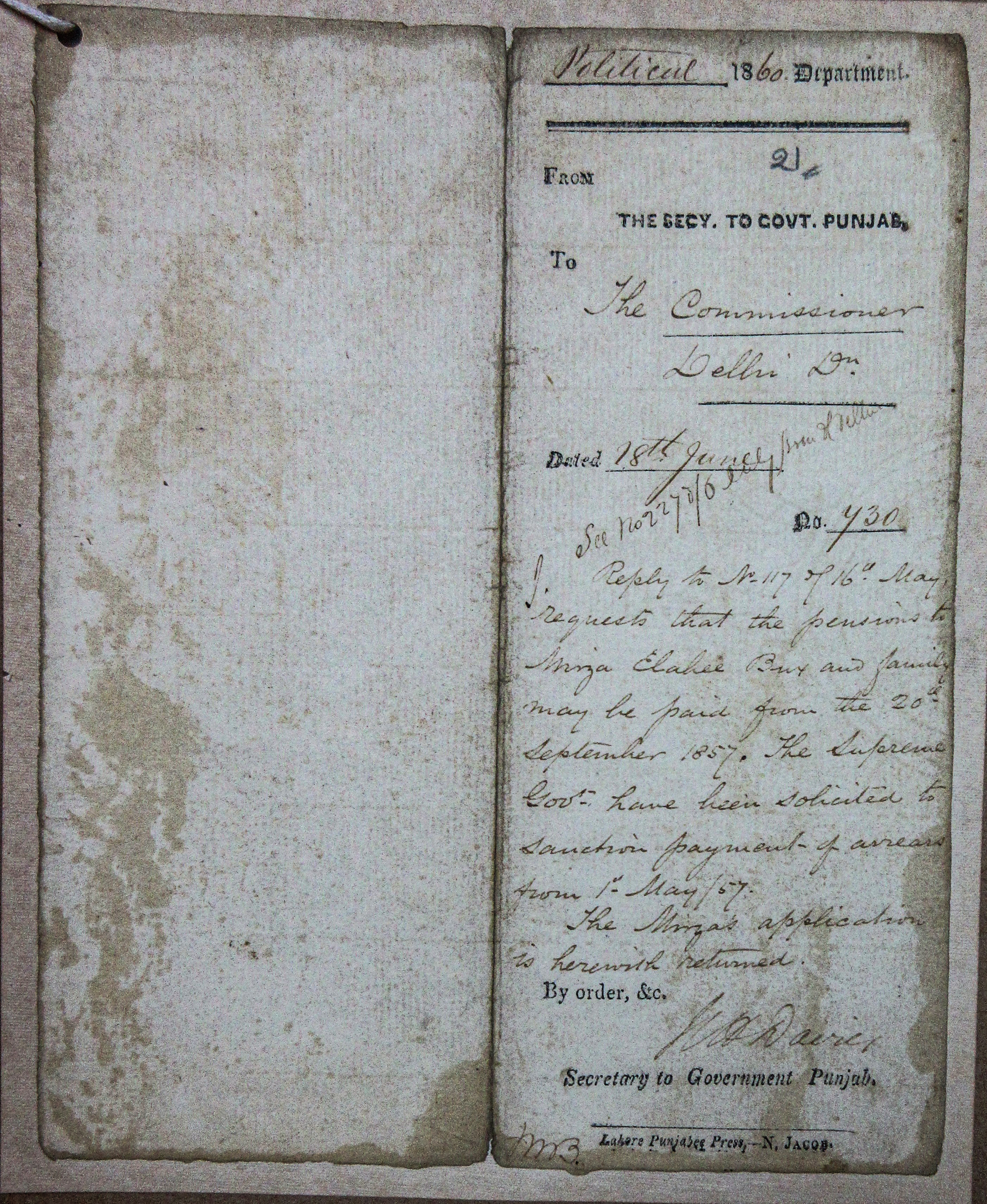 Request that the Pension to Mirza Ilahi Baksh and Family May be Paid from the 20th September 1857.  File No.10