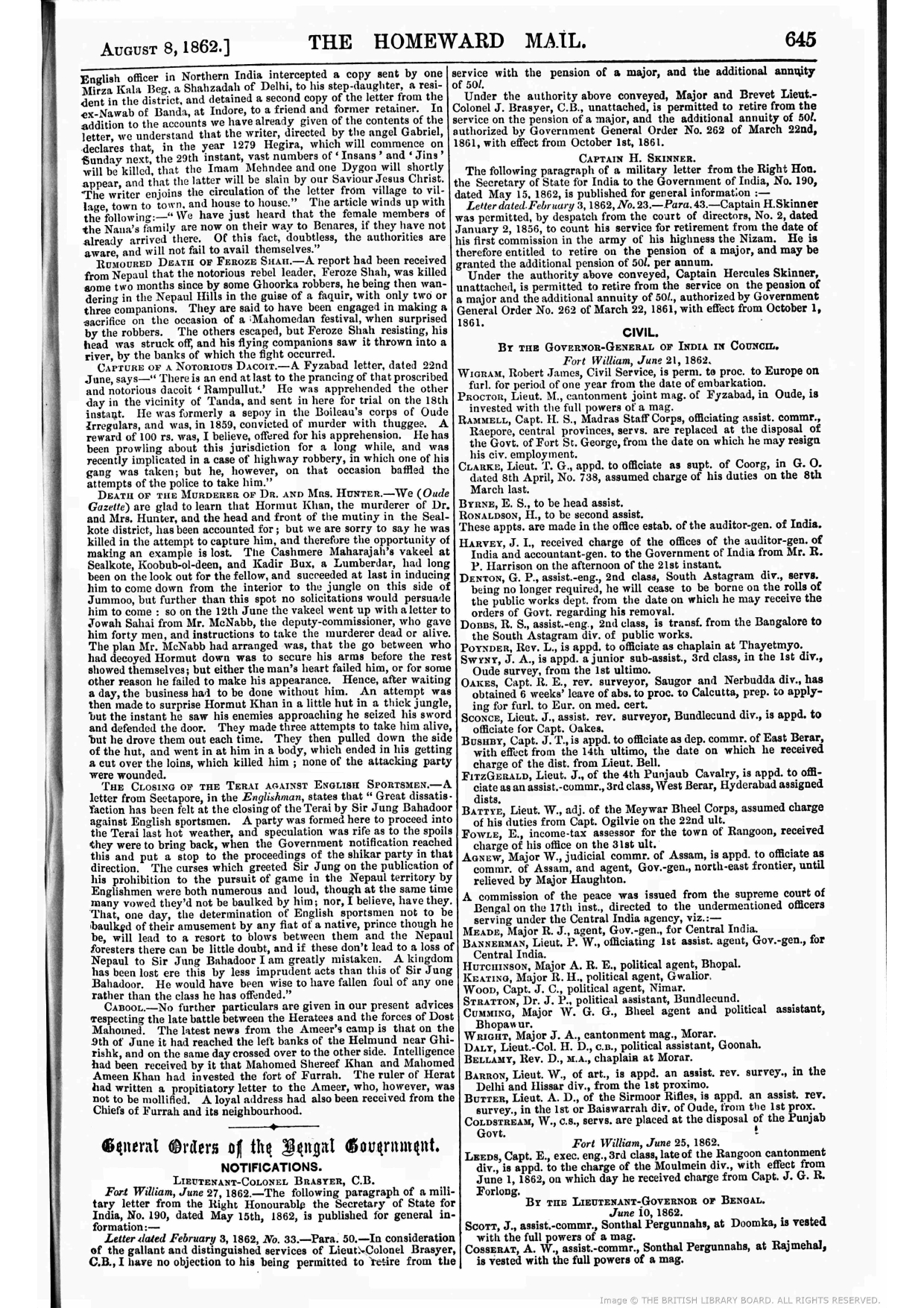 Rumoured Death of Firuz shah, Reported by THE HOMEWARD MAIL - August 8 - 1862