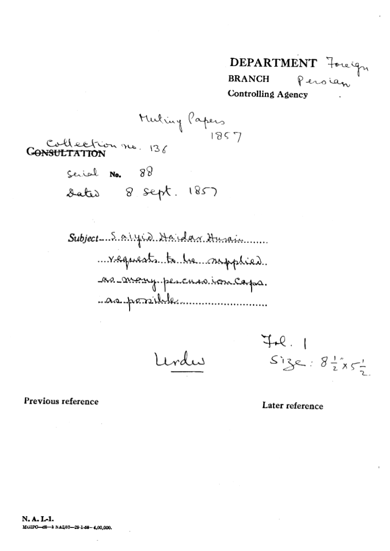 Saiyid Haidar Husain Requests to the Supplied as Many Percussion Caps as Possible