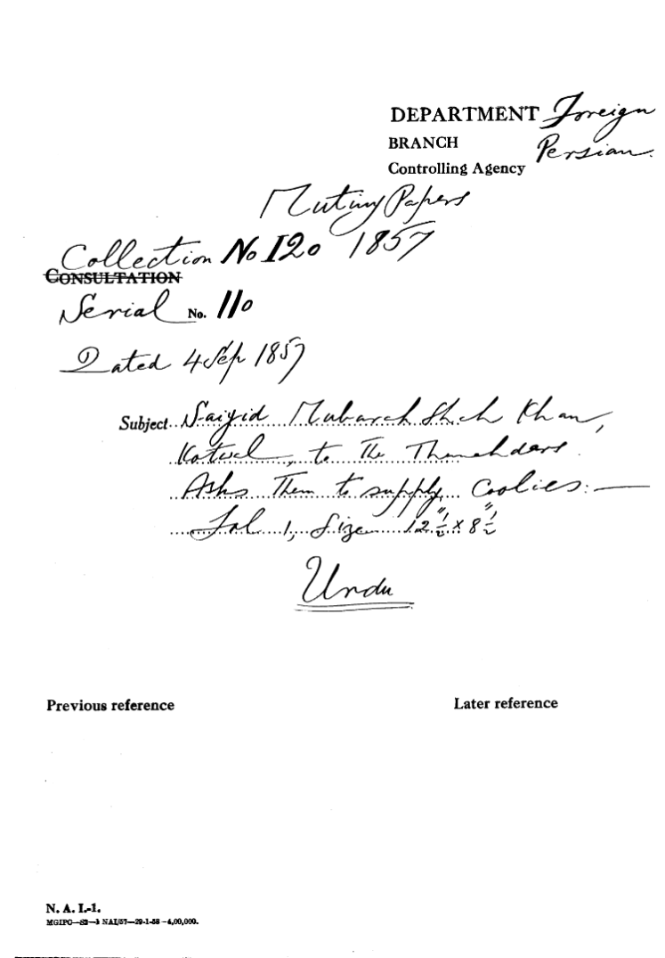 Saiyid Mubarak Shah Khan Kotwal to the Thanahdars ------ them to Supply Coolies