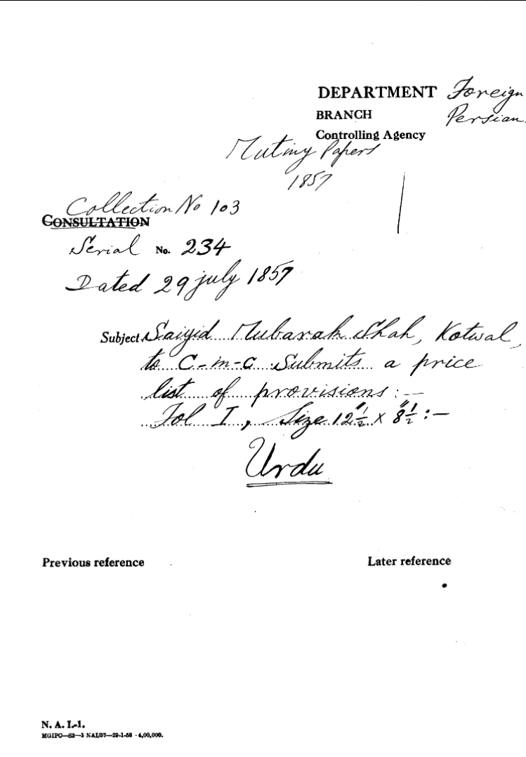Saiyid Mubarak Shah, Kotwal to C-in-C (Mirza Mughal) Submits a Price List of Provisions.