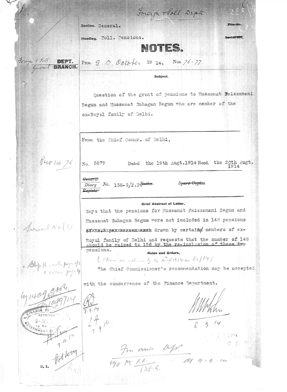 Sanction to the Number of Pensions for the Poorer Members of the Imperial Family of Hindustan being from 148-150 in Order to Re-include the two Pensions for Mussamat Faizzmami Begum and Mussamat Suhagah Begum.