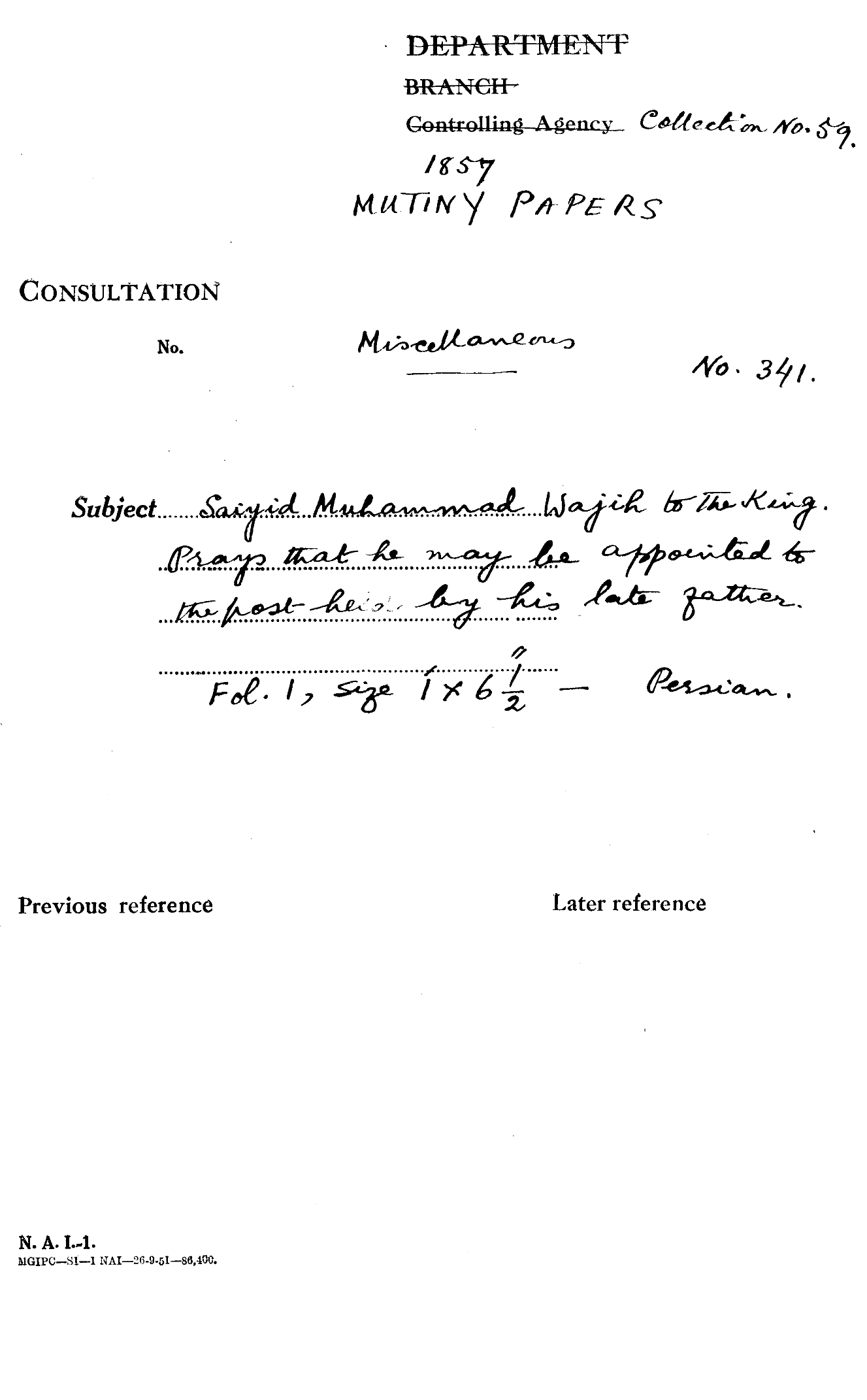 Sayid Muhammad Wajih to the Emperor. Prays that he May Be appointed to the Post Her By His Late Father.