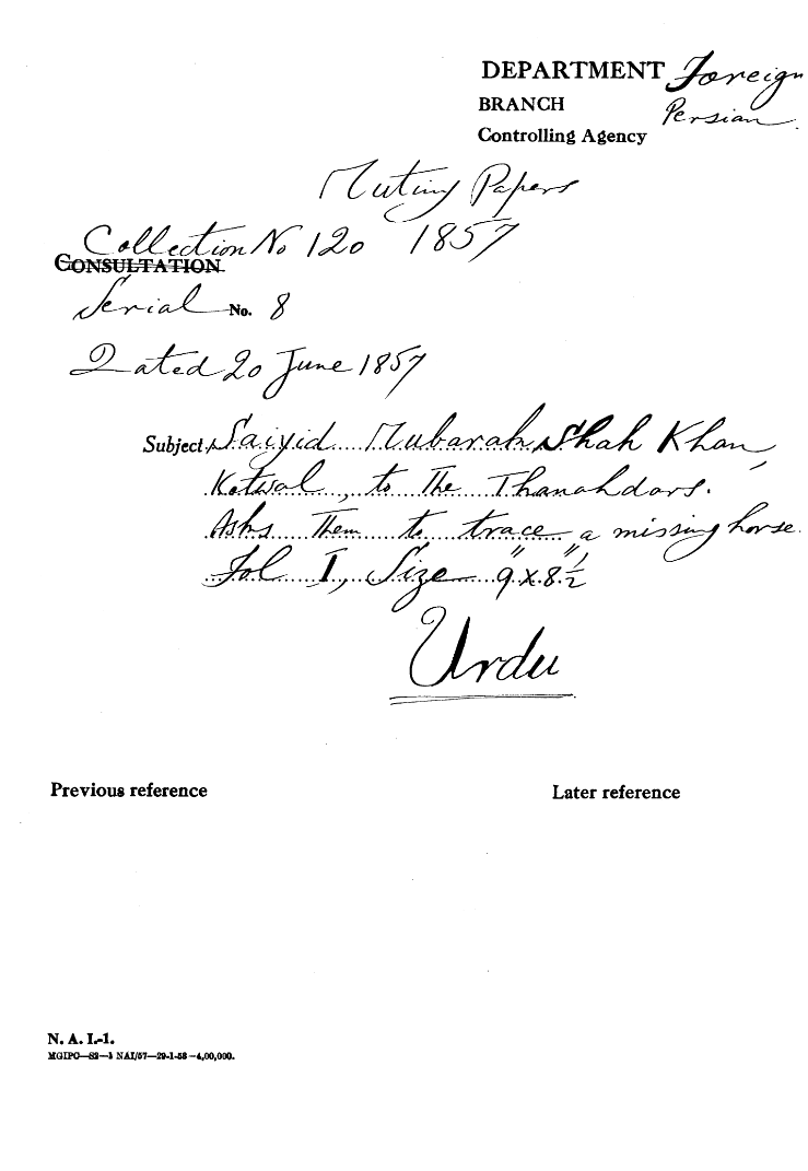 Sayyid Mubarak Shah Khan Kotwal to the Thanahdars asks them to Trace a Missing Horse.