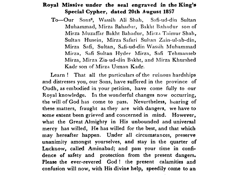 Second Days of Proceedings Trail of Bahadur Shah - Royal  Missive  under  the  seal  engraved  in  the Emperors Special  Cypher