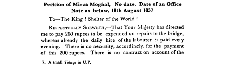 Second Days of Proceedings Trail of Bahadur Shah - Petition  of  Mirza  Moghal,  No  date.  Date  of  an  Office  Note  as  below