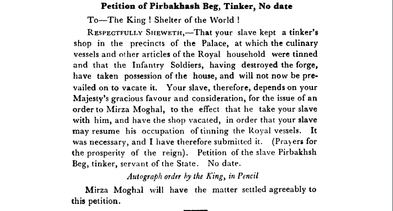 Second Days of Proceedings Trail of Bahadur Shah - Petition  of  Pirbakhash  Beg  Tinker