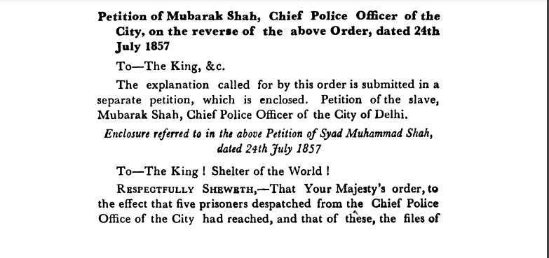 Second Days of Proceedings Trail of Bahadur Shah -Petition  of  Mubarak  Shah  Chief  Police  Officer  of  the  City on  the  reverse  of  the  above  Order