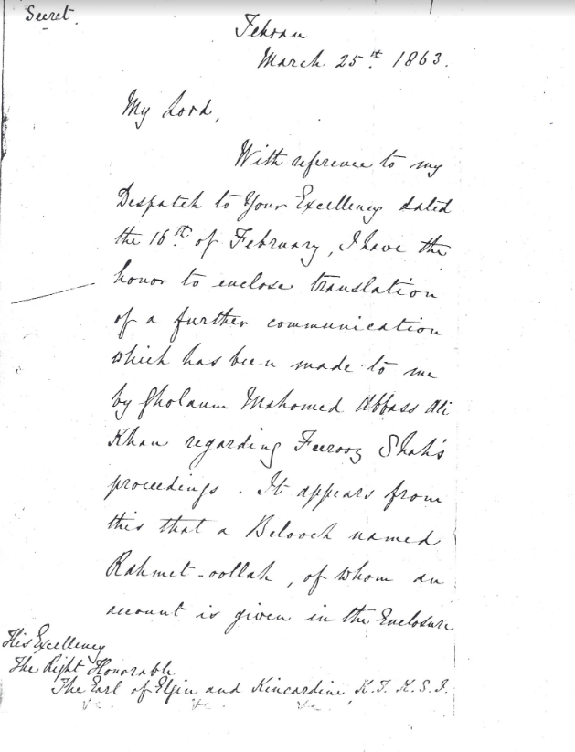 Secret Letter from R.F Thomson Regarding Firuz Shah ( March.25, 1863)