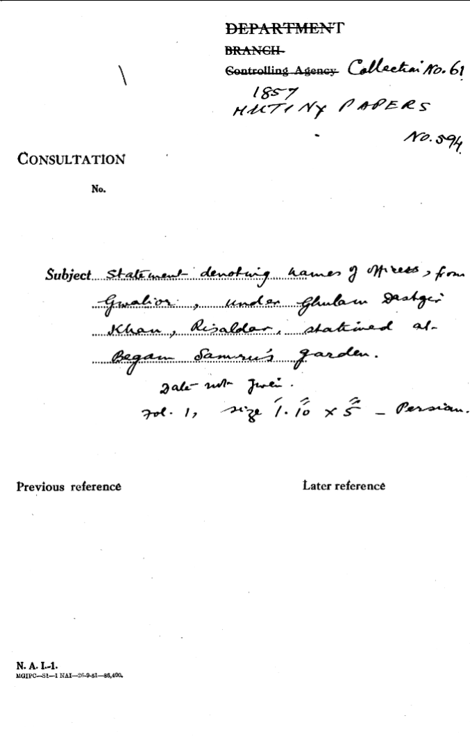 Statement Devoting Names of officers , From GwAlior , Undar Ghulam Dastgir Khan , Risaldar , Stateined at Begam Samru's Garden.