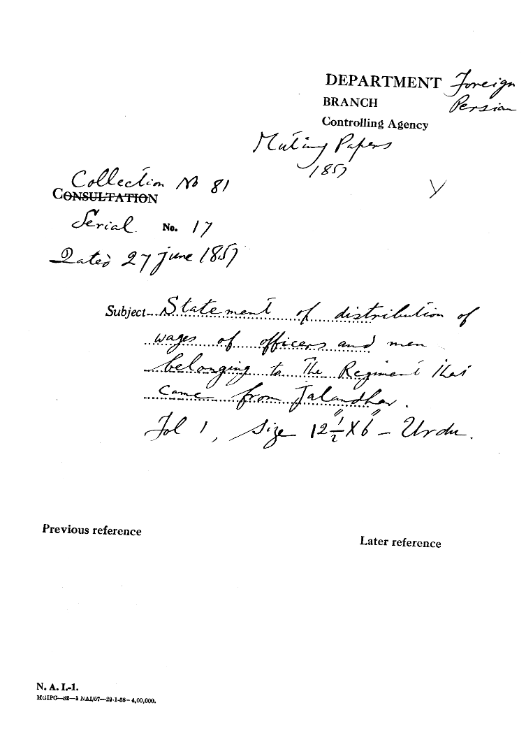 Statement Distribution of Wages of officers and Men Belonging to the Regiment that Came From Jalandhar.