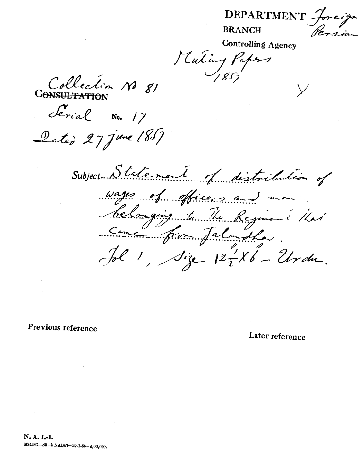 Statement Distribution of Wages of officers and Men Belonging to the Regiment that Came From Jahandhar (1857)