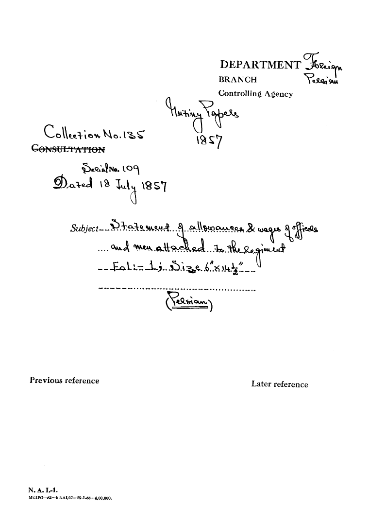 Statement of allowances of officers attached to the Regiment - Dated 18 July 1857