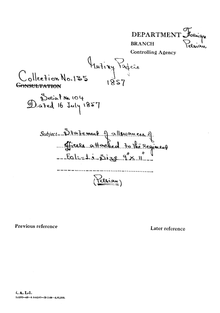 Statement of allowances of officers attached to the Regiment