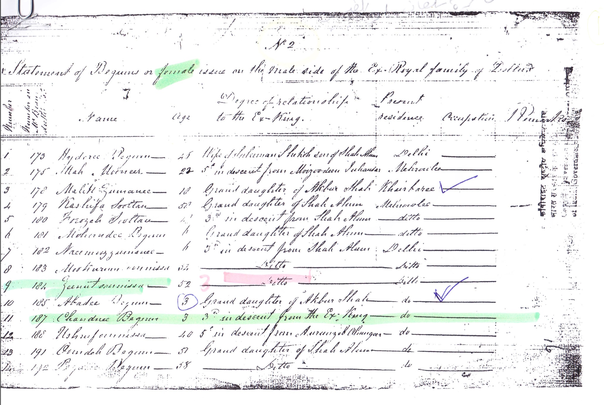 Statement of Begum or Female Issue on the Male Side of the Imperial Family of Hindustan (Delhi Branch) 1862 ?