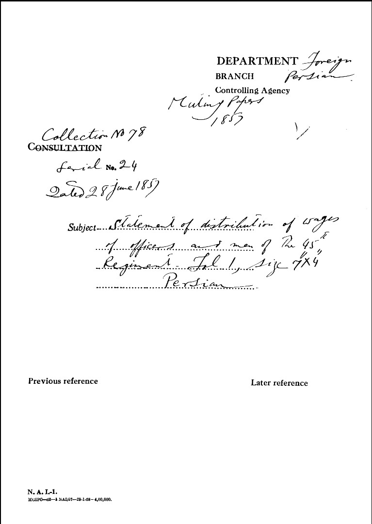 Statement of Distribution of Wages of officers and Man of the 45th Regiment.(Delhi)