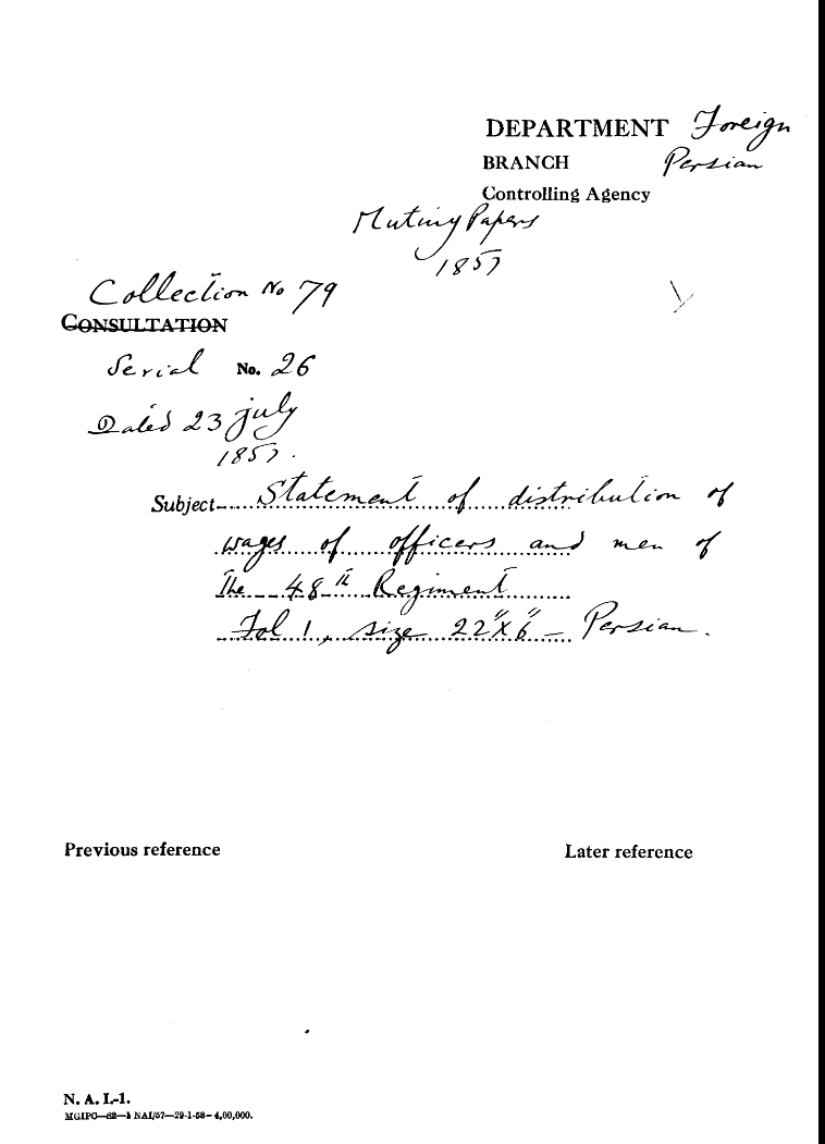 Statement of Distribution of Wages of officers and Men of the 48th Regiment (1857)