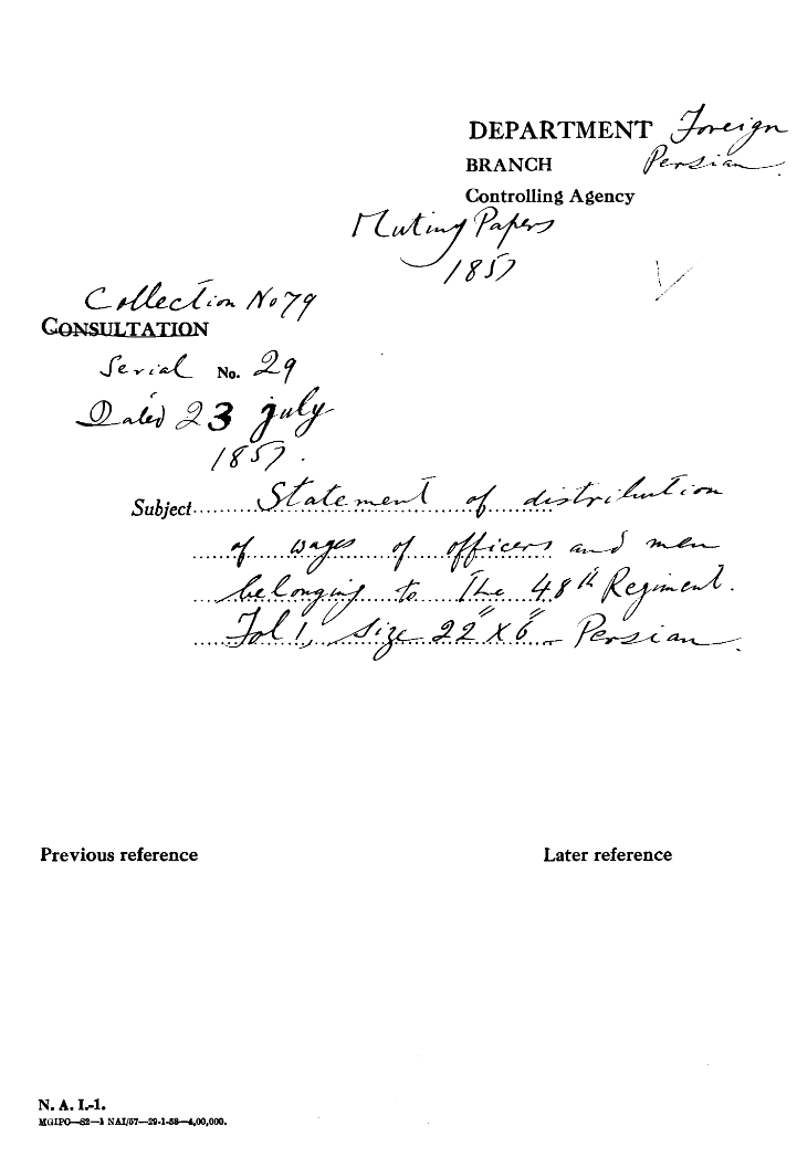 Statement of Distribution of Wages of officers and Men Belonging to the 48th Regiment.