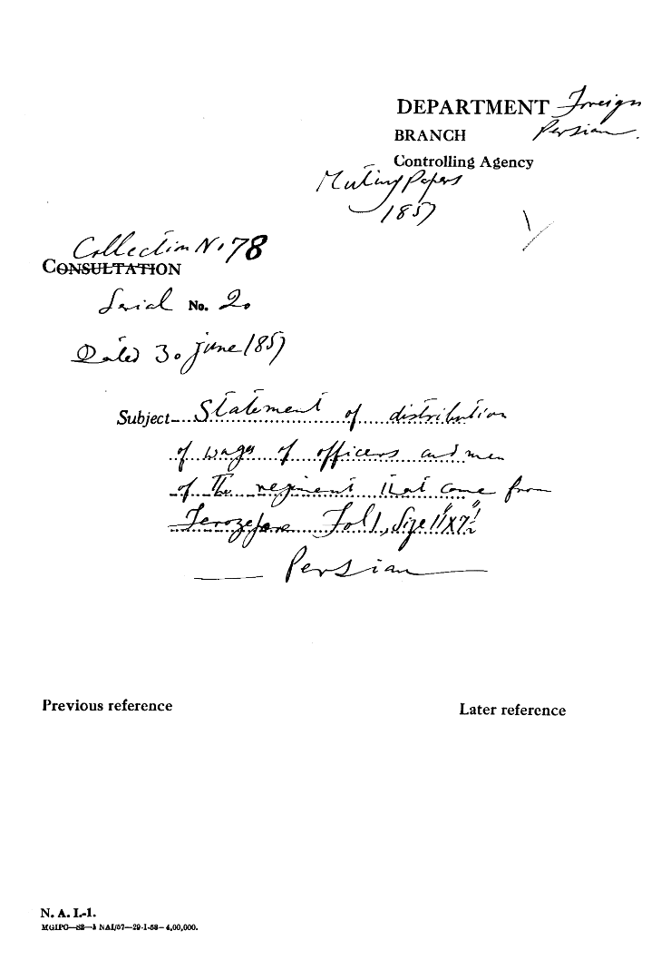 Statement of Distribution of Wages of officers and Men of the Regiment that Come From Ferozfore.