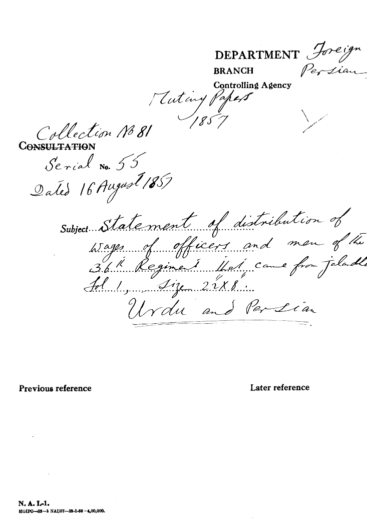 Statement of Distribution of Wages of officers and Men of the Regiment No 36 that Came From Jalandhar.