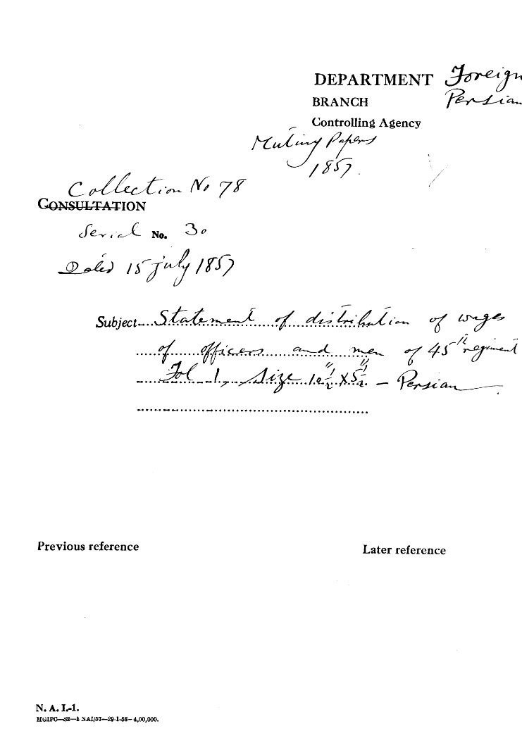 Statement of Distribution of Wages of officers and Man of the 45th Regiment.