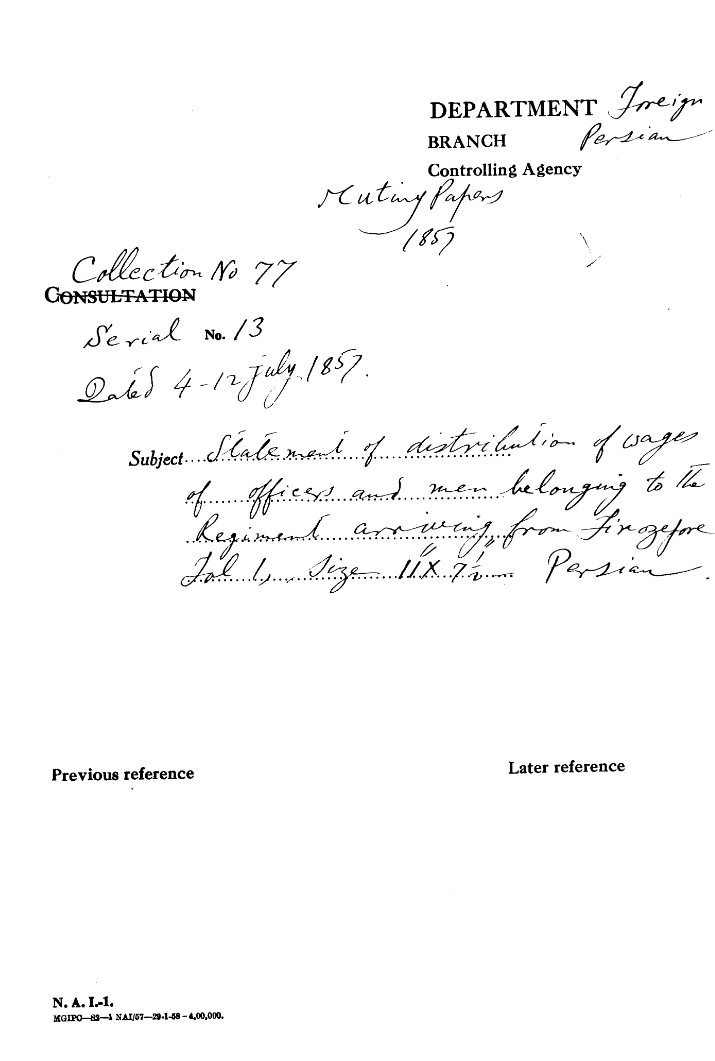 Statement of Distribution of Wages of officers and Men Belongig to the Regiment arriving From Firozpore. (4-12 July 1857).
