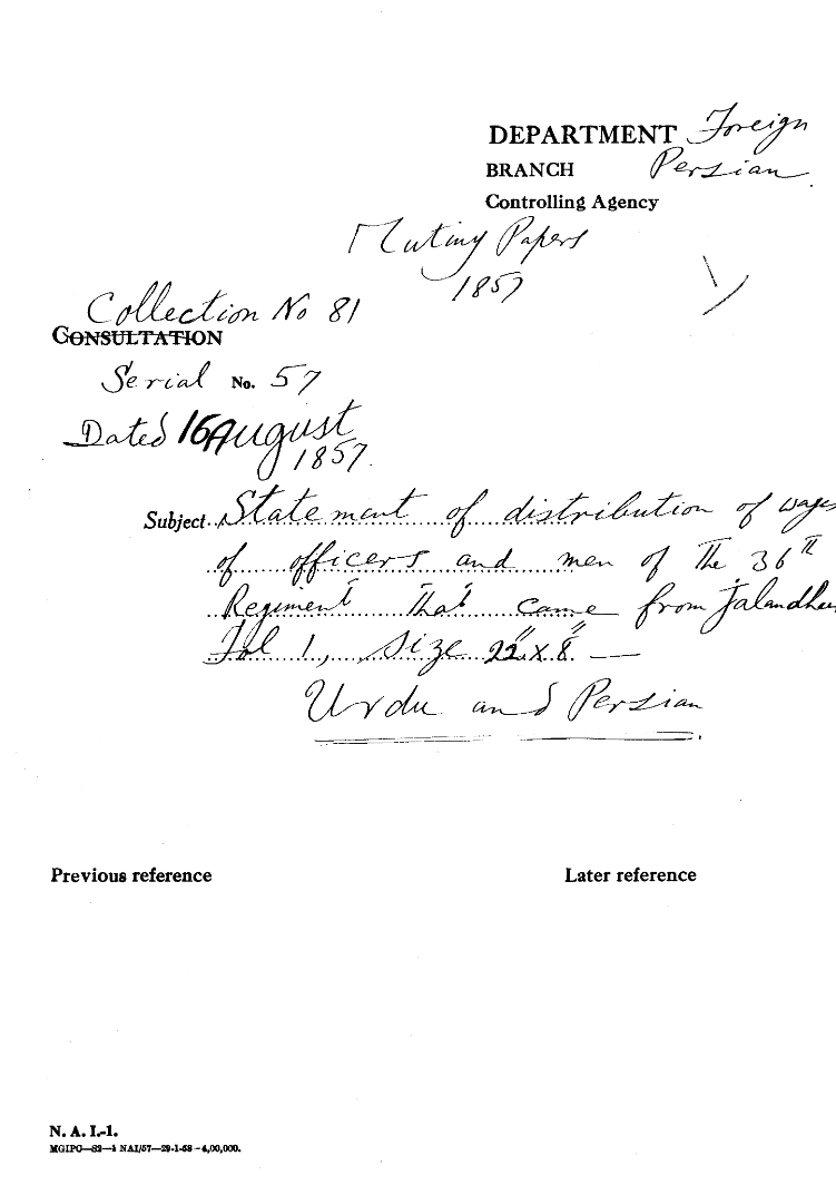 Statement of Distribution of Wages of officers and Men of the Regiment No 36 that Came From Jalandhar.