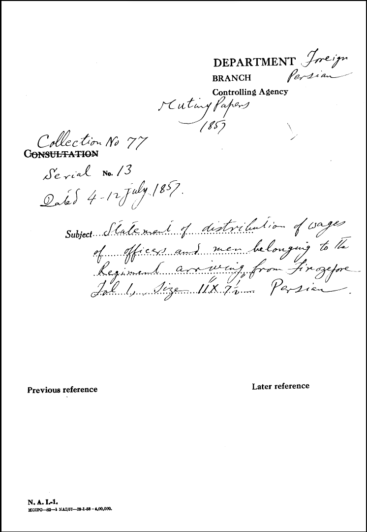 Statement of Distribution of Wages of officers and Men Belonging to the Regiment arriving From Firozpur. (4-12 July 1857)