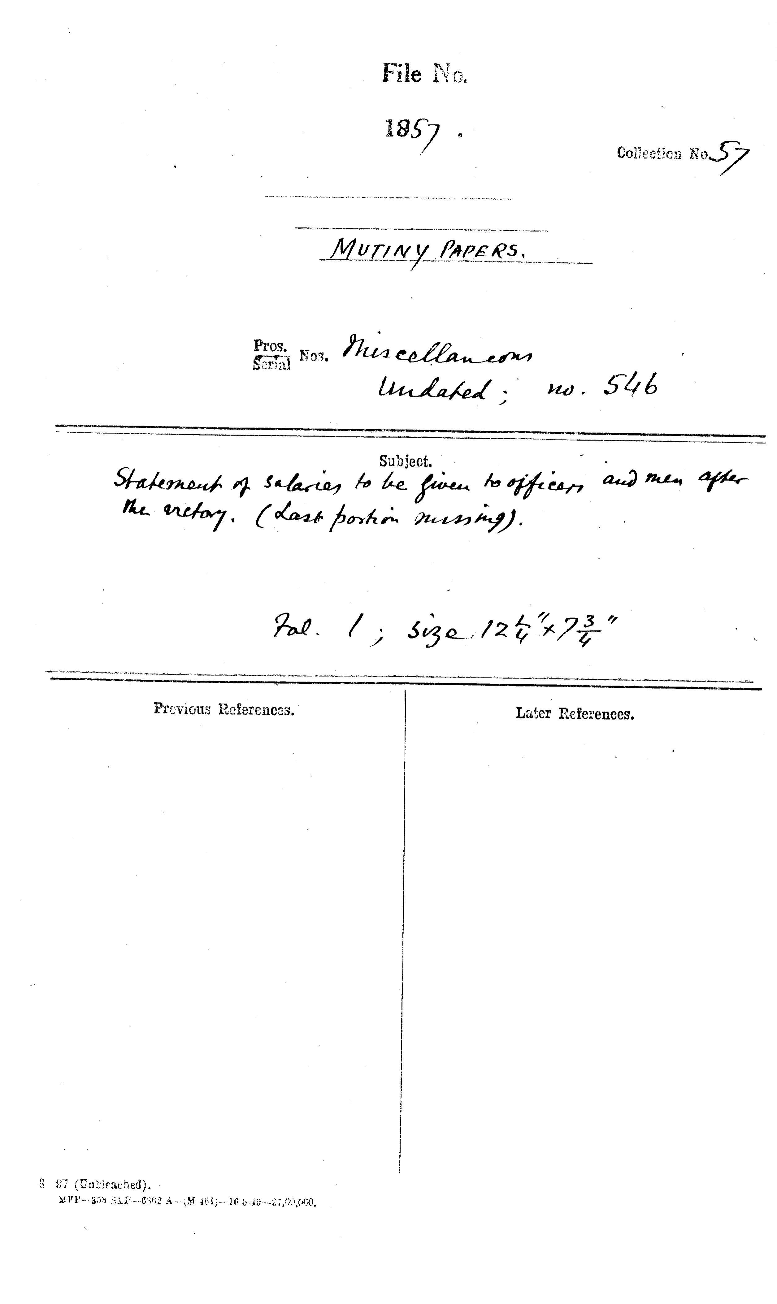 Statement of Salaries to Be Given to officers and Men after the Victory (Last Portion Missing)(Delhi).