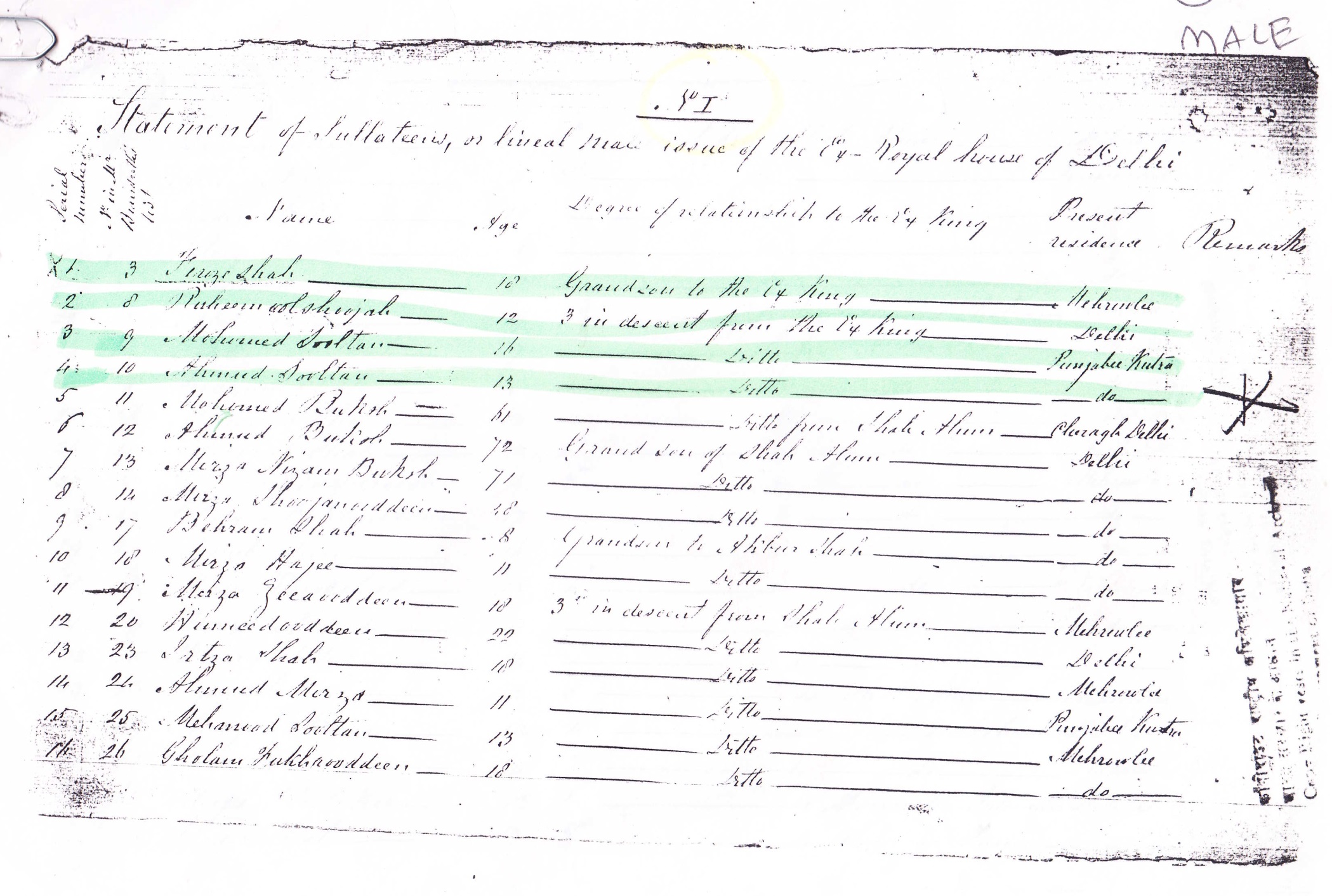 Statement of Salateen or Male Issue of His Imperial Family of Hindustan (Delhi Branch) 1862 ?