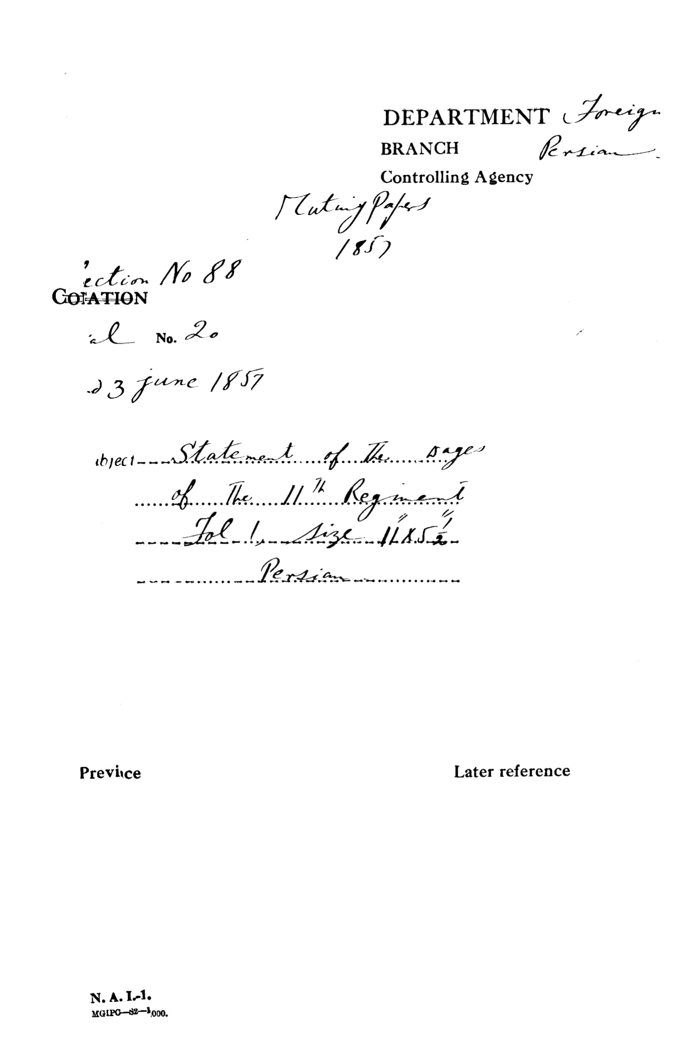 Statement of the Wages of the 11th Regiment. Dated on June 23, 1857.