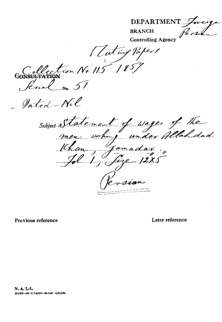 Statement of Wages of the Men Working Under allahdad Khan, Jamadar.