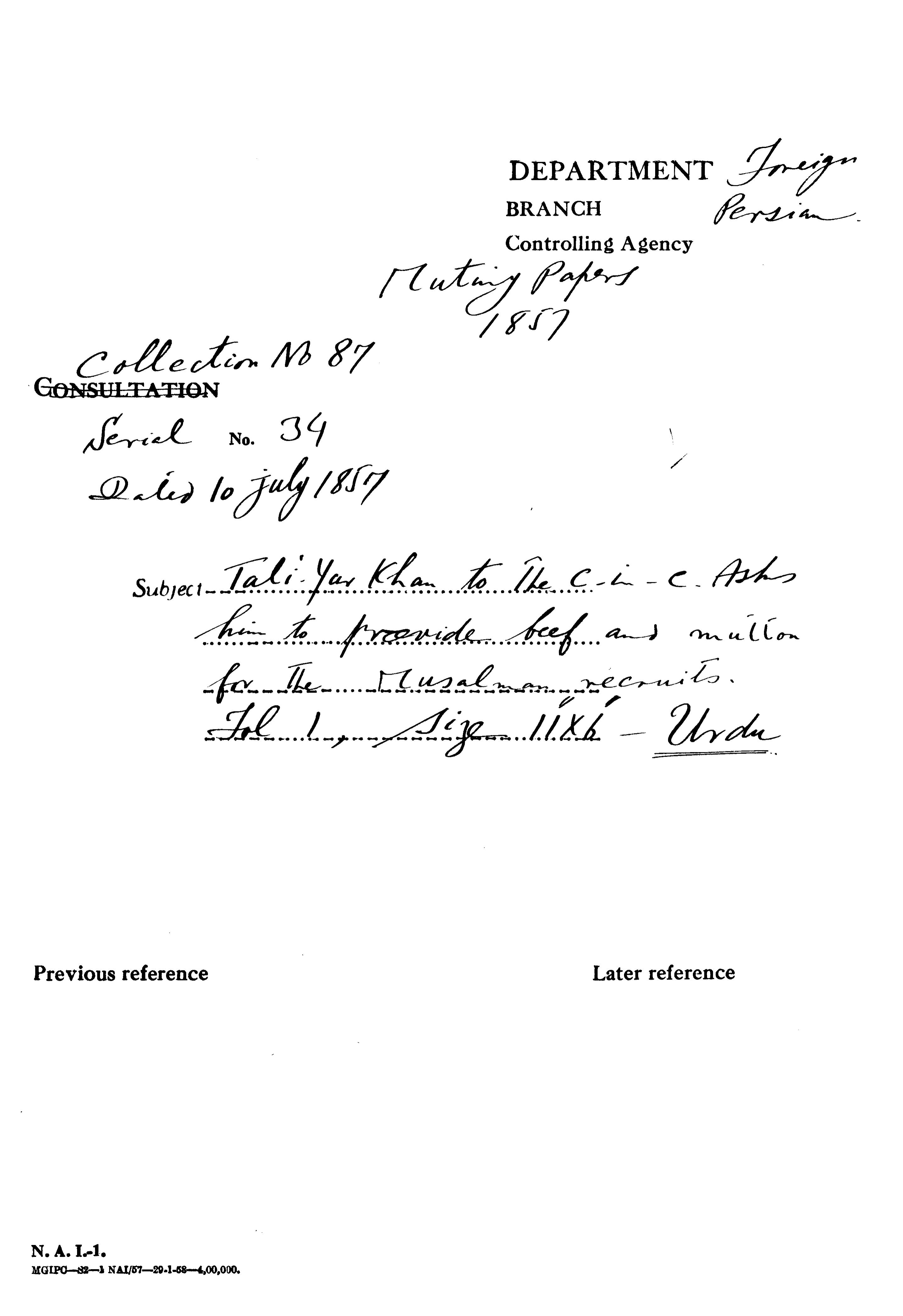 Tali-Yar Khan to the C-in-C (Mirza Mughal) asks him to Provide Beef and Mutton For the Musalman Recruits.(Delhi)