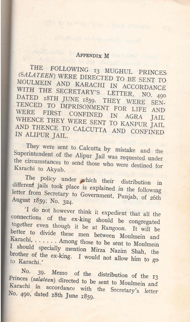 The 13 Mughal Princes Who were Directed to be Sent to Moulmein and Karachi in Accordance with the Secretary's Letter, No. 490 Dated 18th June 1859. They were Sentenced to Imprisonment for Life and were First Confined in Agra Jail Whence they were Sent to Kanpur Jail and Thence to Calcutta and Confined in Alipur Jail.