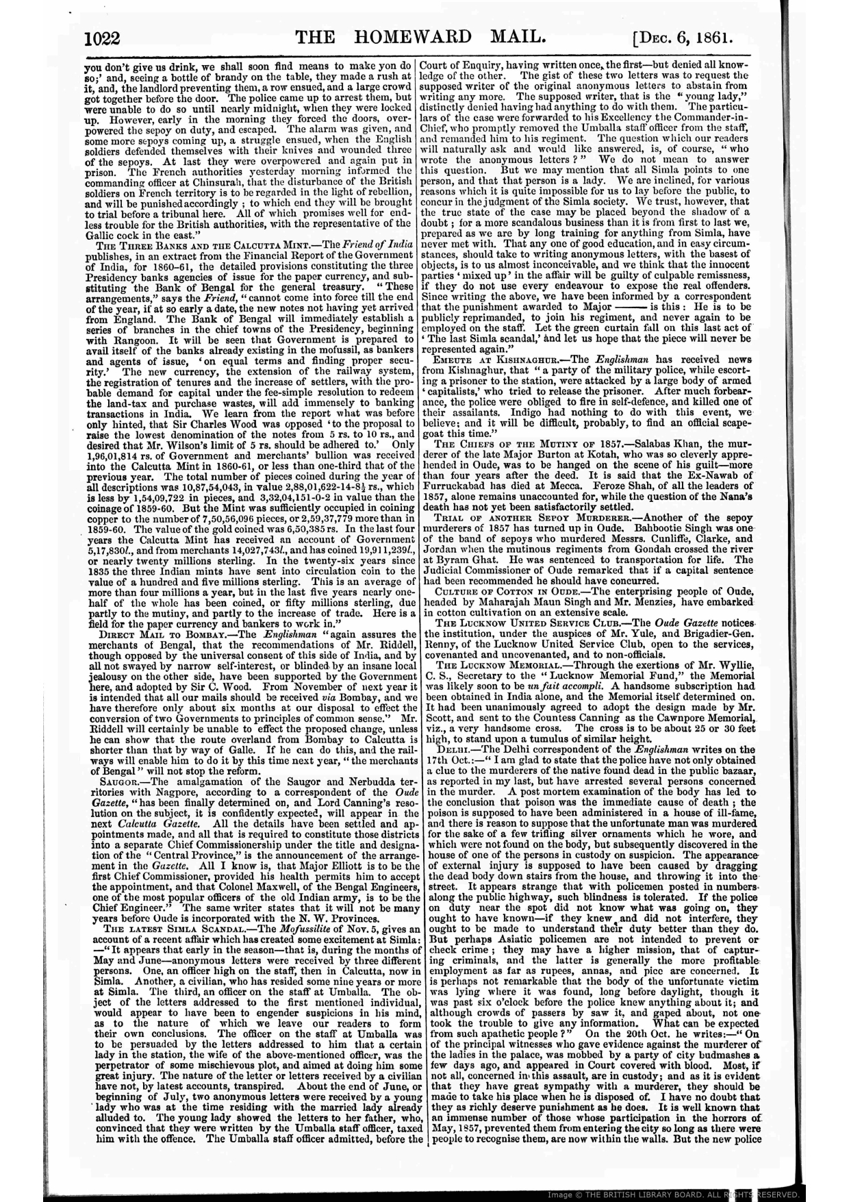 The Chiefs of the Mutiny of 1857 - Reported by THE HOMEWARD MAIL December 06 , 1861
