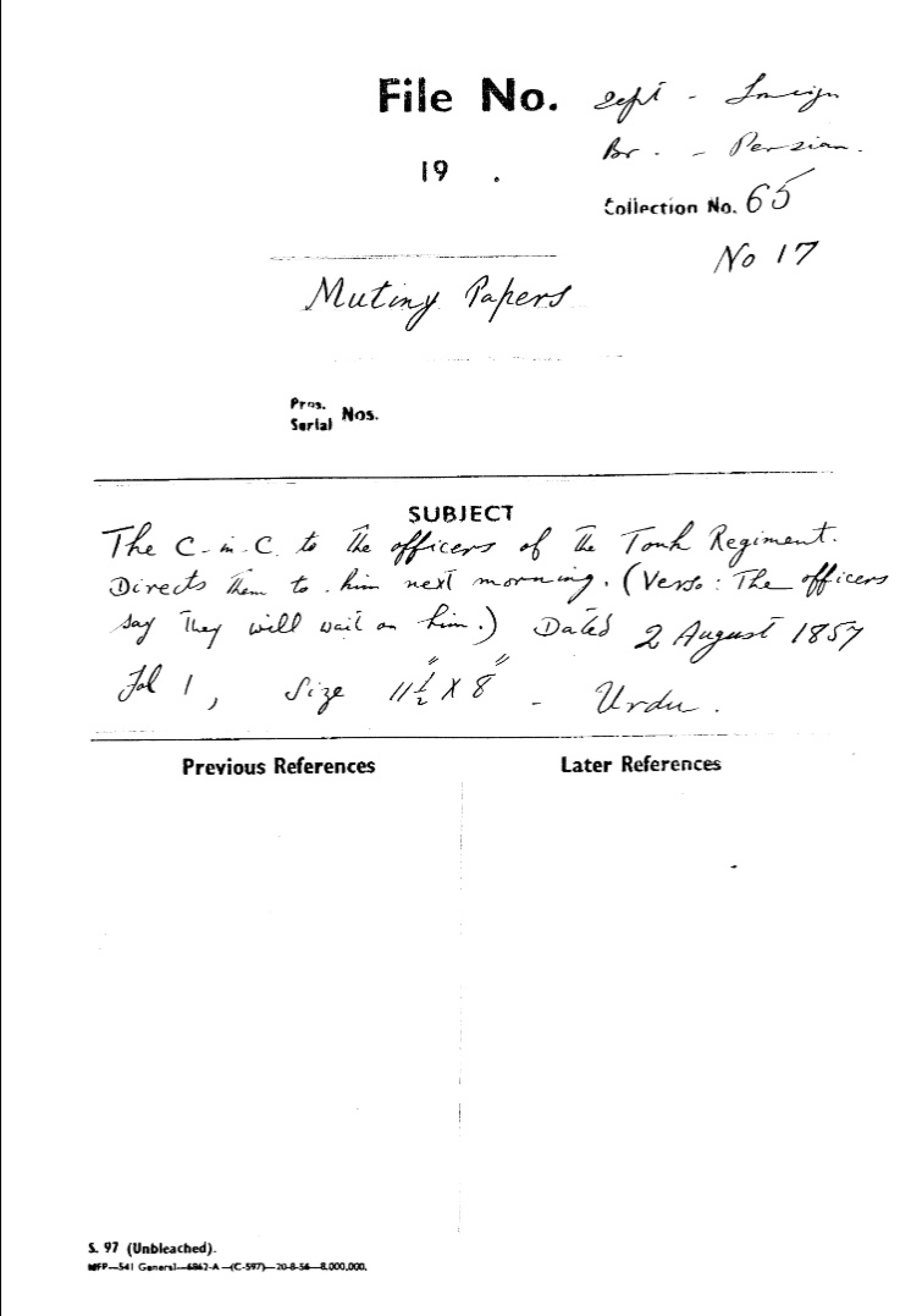 The C-in-C (Mirza Firuz Shah) to the Officers of the Tonk Regiment Directs the Officer to him the Next Morning (Verso  the officers Say they Will Wait On Him), in Delhi - 1857